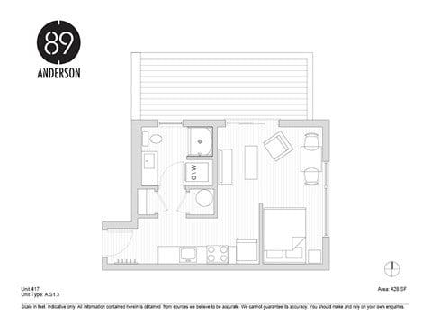 Floor plan for studio, 1 bath, 428 sqft
